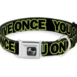 Dog Bone Seatbelt Buckle Collar - YOU ONLY LIVE ONCE Black/Neon Green