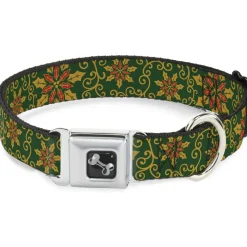 Dog Bone Seatbelt Buckle Collar - Holiday Holly Green/Gold/Red