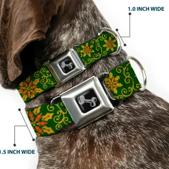 Dog Bone Seatbelt Buckle Collar - Holiday Holly Green/Gold/Red