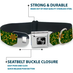 Dog Bone Seatbelt Buckle Collar - Holiday Holly Green/Gold/Red