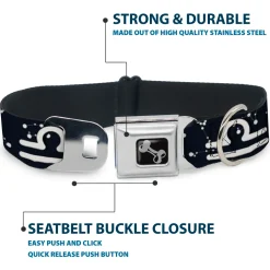 Dog Bone Seatbelt Buckle Collar - Zodiac Libra Symbol/Constellations Black/White
