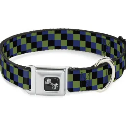 Dog Bone Seatbelt Buckle Collar - Checker Trio Green/Black/Blue