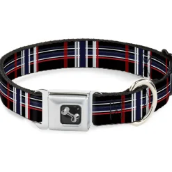 Dog Bone Seatbelt Buckle Collar - Plaid Black/Red/White/Blue