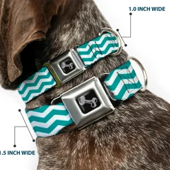 Dog Bone Seatbelt Buckle Collar - Chevron Stripe White/Teal
