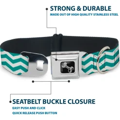 Dog Bone Seatbelt Buckle Collar - Chevron Stripe White/Teal