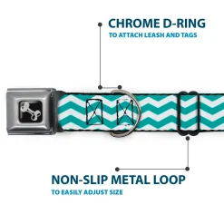 Dog Bone Seatbelt Buckle Collar - Chevron Stripe White/Teal