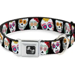 Dog Bone Seatbelt Buckle Collar - Sugar Skull Outline Black/Multi Color