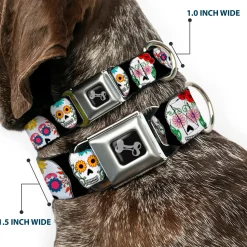 Dog Bone Seatbelt Buckle Collar - Sugar Skull Outline Black/Multi Color