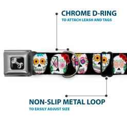 Dog Bone Seatbelt Buckle Collar - Sugar Skull Outline Black/Multi Color