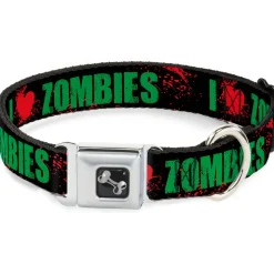 Dog Bone Seatbelt Buckle Collar - I "HEART" ZOMBIES Black/Green/Red Splatter