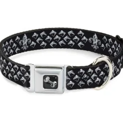 Dog Bone Seatbelt Buckle Collar - Fleur-de-Lis/Studs Black/Grays