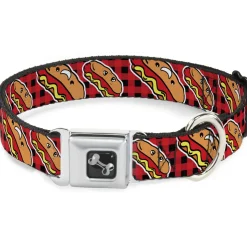 Dog Bone Seatbelt Buckle Collar - Hot Dogs/Buffalo Plaid Black/Red