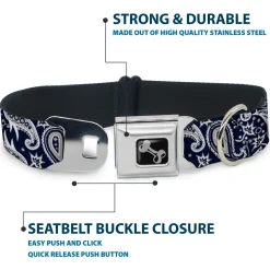 Dog Bone Seatbelt Buckle Collar - Floral Paisley3 Blue/White/Gray