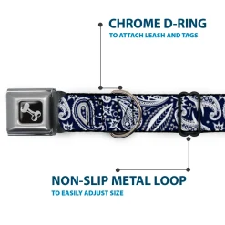Dog Bone Seatbelt Buckle Collar - Floral Paisley3 Blue/White/Gray