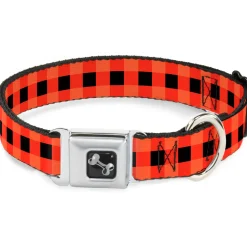Dog Bone Seatbelt Buckle Collar - Buffalo Plaid Black/Orange