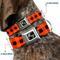 Dog Bone Seatbelt Buckle Collar - Buffalo Plaid Black/Orange