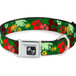 Dog Bone Seatbelt Buckle Collar - Tropical Flora Greens/Reds/Gold