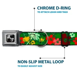 Dog Bone Seatbelt Buckle Collar - Tropical Flora Greens/Reds/Gold