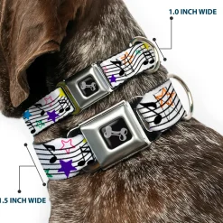 Dog Bone Seatbelt Buckle Collar - Music Notes Stars White/Black/Multi Color