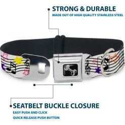 Dog Bone Seatbelt Buckle Collar - Music Notes Stars White/Black/Multi Color