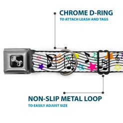 Dog Bone Seatbelt Buckle Collar - Music Notes Stars White/Black/Multi Color