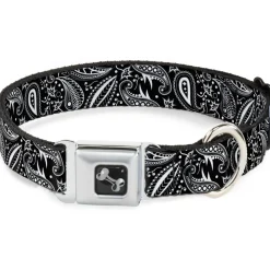 Dog Bone Seatbelt Buckle Collar - Floral Paisley3 Black/White