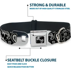 Dog Bone Seatbelt Buckle Collar - Floral Paisley3 Black/White