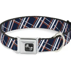 Dog Bone Seatbelt Buckle Collar - Plaid X2 Navy/White/Orange