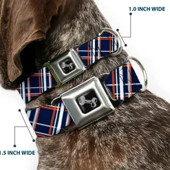 Dog Bone Seatbelt Buckle Collar - Plaid X2 Navy/White/Orange