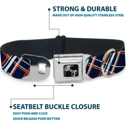 Dog Bone Seatbelt Buckle Collar - Plaid X2 Navy/White/Orange