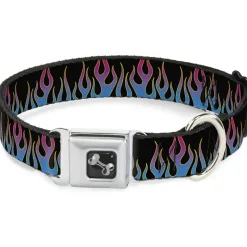 Dog Bone Seatbelt Buckle Collar - Flames Black/Blue/Pink