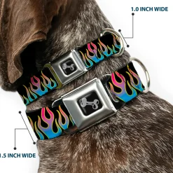 Dog Bone Seatbelt Buckle Collar - Flames Black/Blue/Pink
