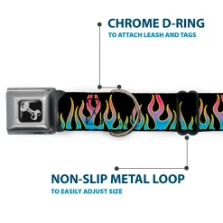 Dog Bone Seatbelt Buckle Collar - Flames Black/Blue/Pink