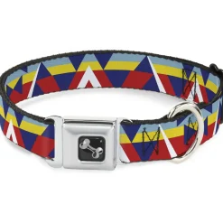 Dog Bone Seatbelt Buckle Collar - Geometric Triangles/Stripe Red/White/Blues/Yellow