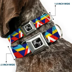 Dog Bone Seatbelt Buckle Collar - Geometric Triangles/Stripe Red/White/Blues/Yellow