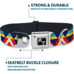 Dog Bone Seatbelt Buckle Collar - Geometric Triangles/Stripe Red/White/Blues/Yellow