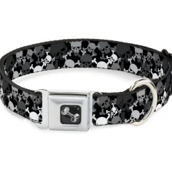 Dog Bone Seatbelt Buckle Collar - Multi Top Skulls Stacked Blak/Gray/White