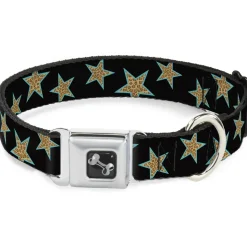 Dog Bone Seatbelt Buckle Collar - Multi Stars Black/Leopard/Baby Blue Outline