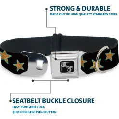 Dog Bone Seatbelt Buckle Collar - Multi Stars Black/Leopard/Baby Blue Outline