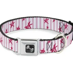 Dog Bone Seatbelt Buckle Collar - Sketch Stars w/Stripes Pink/White/Fuchsia