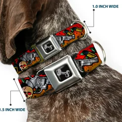 Dog Bone Seatbelt Buckle Collar - Born to Raise Hell CLOSE-UP Red