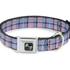 Dog Bone Seatbelt Buckle Collar - Mini Houndstooth Gray/Baby Blue/Pink