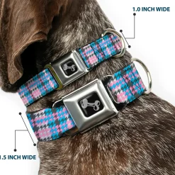 Dog Bone Seatbelt Buckle Collar - Mini Houndstooth Gray/Baby Blue/Pink