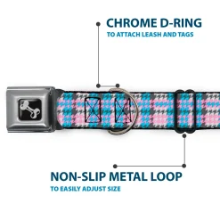 Dog Bone Seatbelt Buckle Collar - Mini Houndstooth Gray/Baby Blue/Pink