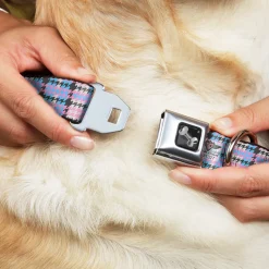 Dog Bone Seatbelt Buckle Collar - Mini Houndstooth Gray/Baby Blue/Pink