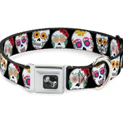 Dog Bone Seatbelt Buckle Collar - Staggered Sugar Skulls CLOSE-UP Black/Multi Color