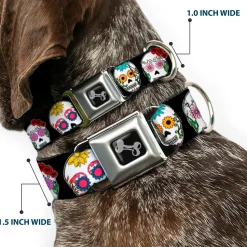 Dog Bone Seatbelt Buckle Collar - Staggered Sugar Skulls CLOSE-UP Black/Multi Color