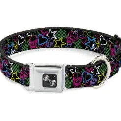 Dog Bone Seatbelt Buckle Collar - Sketch Skull/Star/Heart/Checker Black/Multi