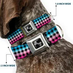 Dog Bone Seatbelt Buckle Collar - Buffalo Plaid Turquoise/Fuchsia Fade