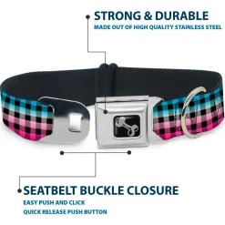 Dog Bone Seatbelt Buckle Collar - Buffalo Plaid Turquoise/Fuchsia Fade